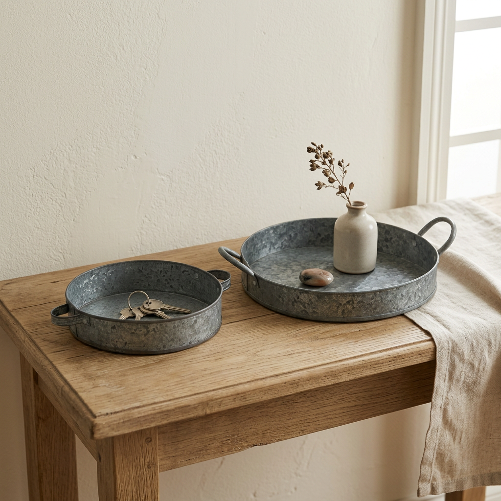 Round trays on a cottage entry console