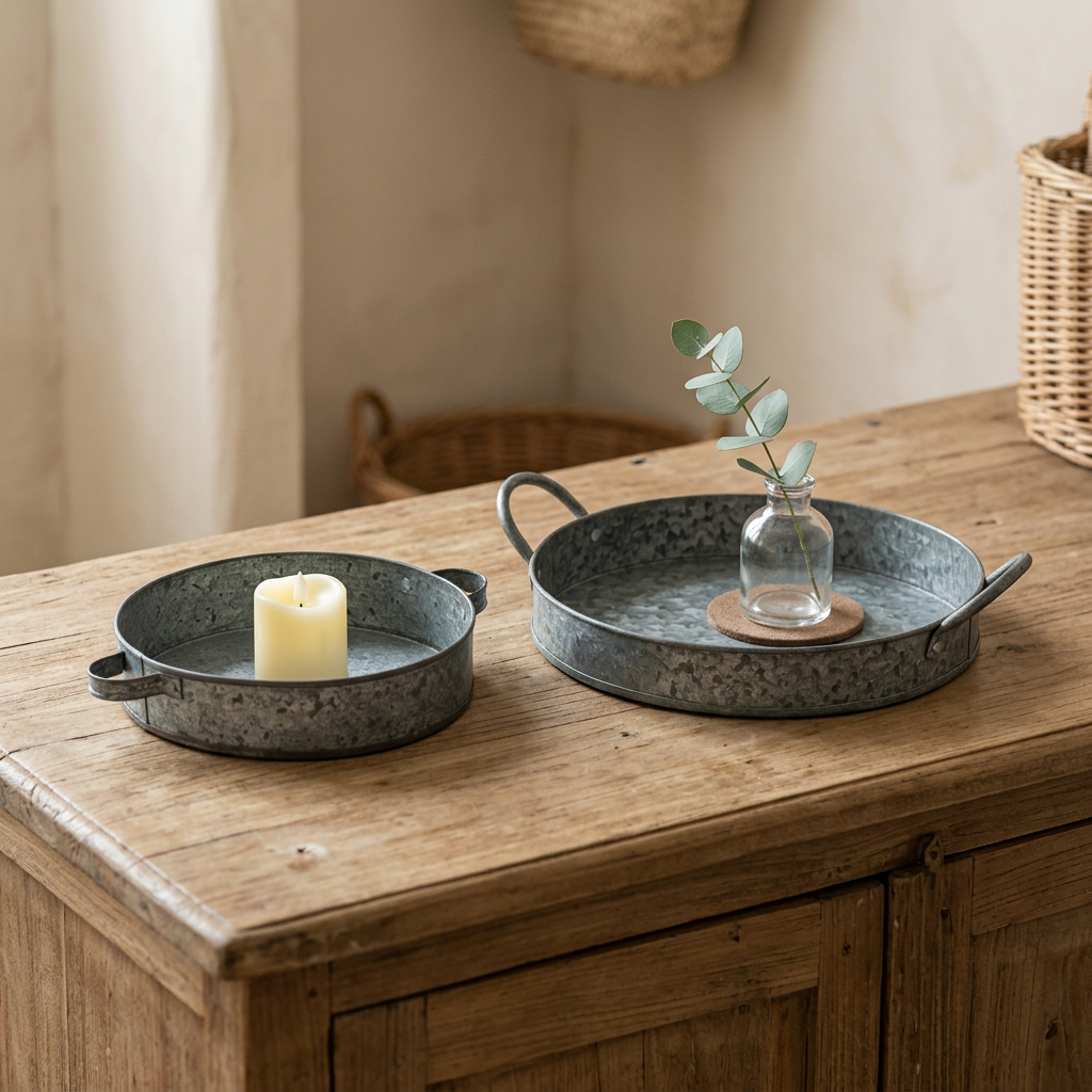 Round trays styled on a farmhouse sideboard