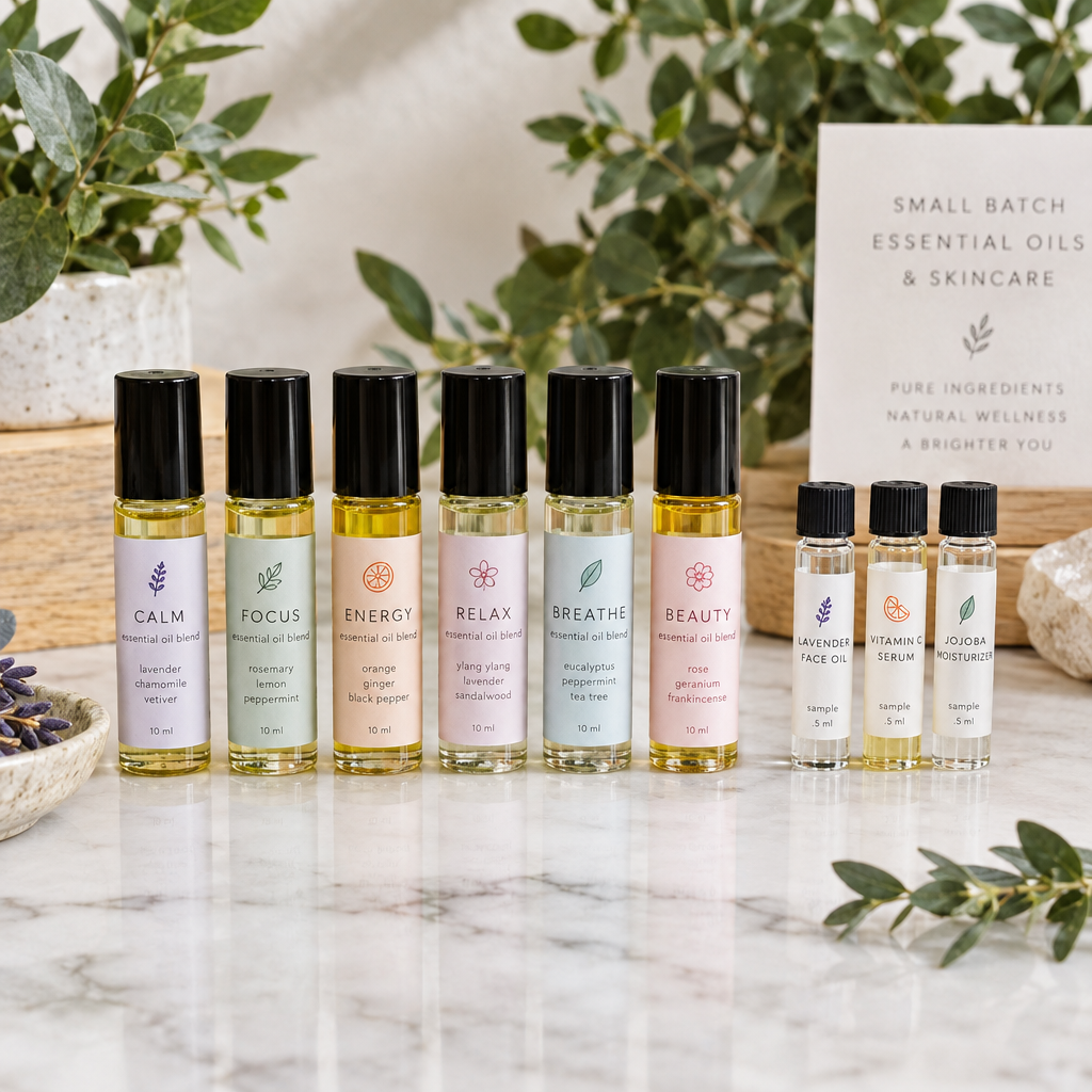 Row of mini roller bottles and sample vials with labels, square crop