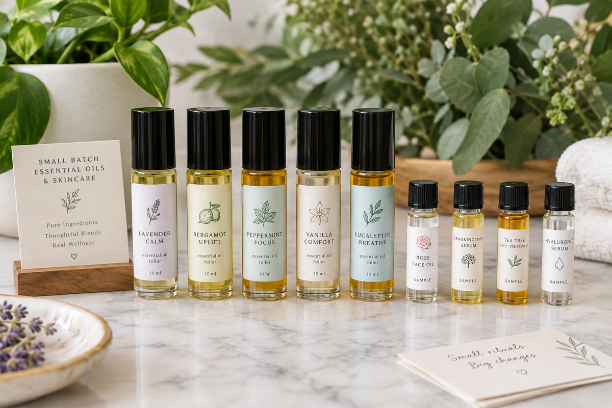 Row of mini roller bottles and sample vials with labels, styled retail shelf shot
