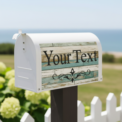 Rustic blue and white vinyl sticker applied to a smooth outdoor surface