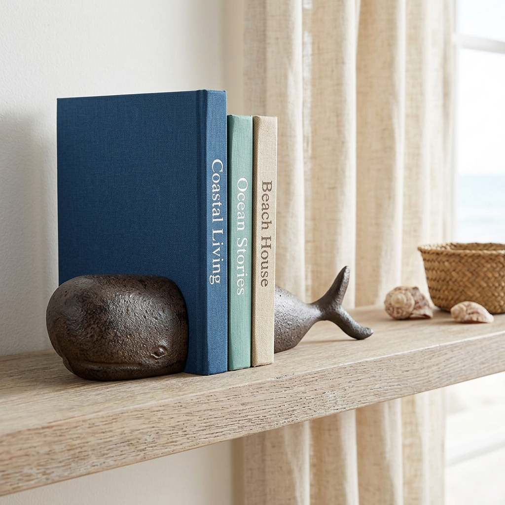Rustic cast iron whale bookends with coastal books on a pale oak shelf