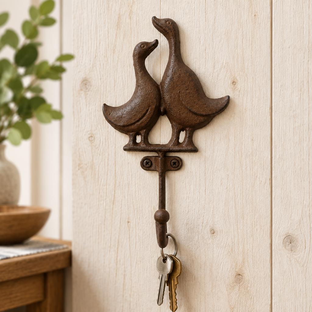 Rustic duck hook holding keys in a farmhouse entryway