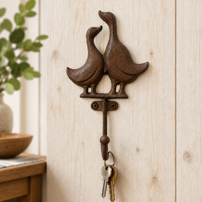 Rustic duck hook holding keys in a farmhouse entryway