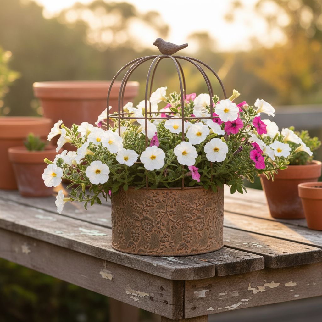 Rustic Garden birdcage planter with petunias