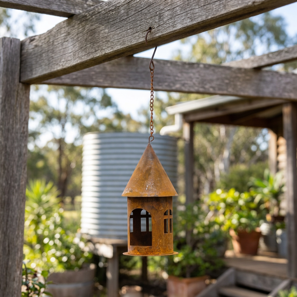Rustic hanging house beneath a farmhouse pergola