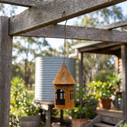 Rustic hanging house beneath a farmhouse pergola