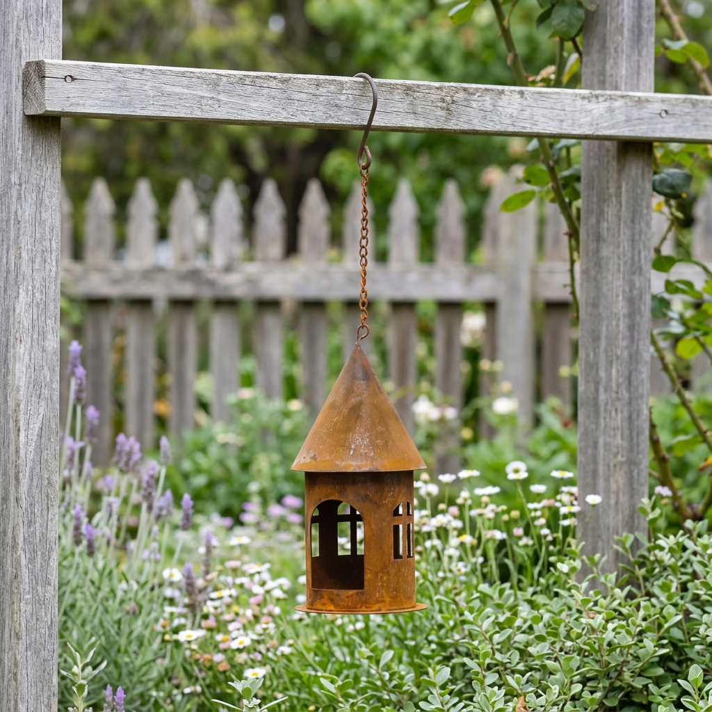 Rustic hanging house in a cottage garden