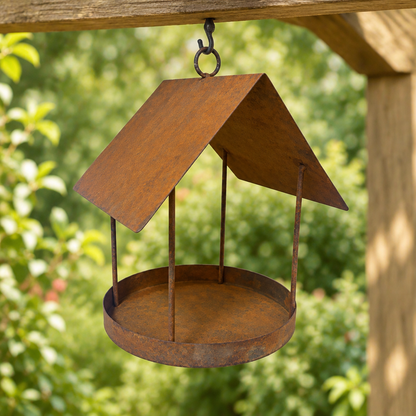 Rustic iron bird feeder beneath a timber pergola