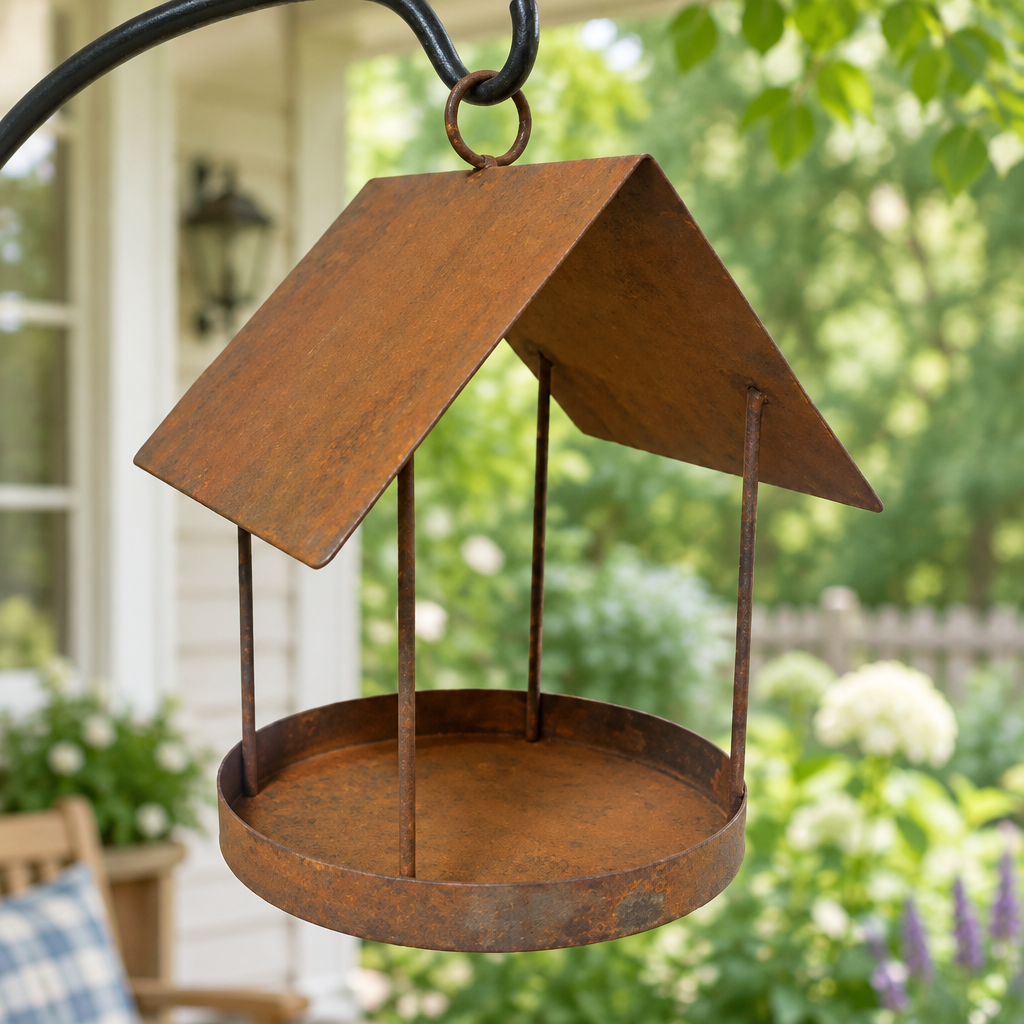 Rustic iron bird feeder on a cottage porch