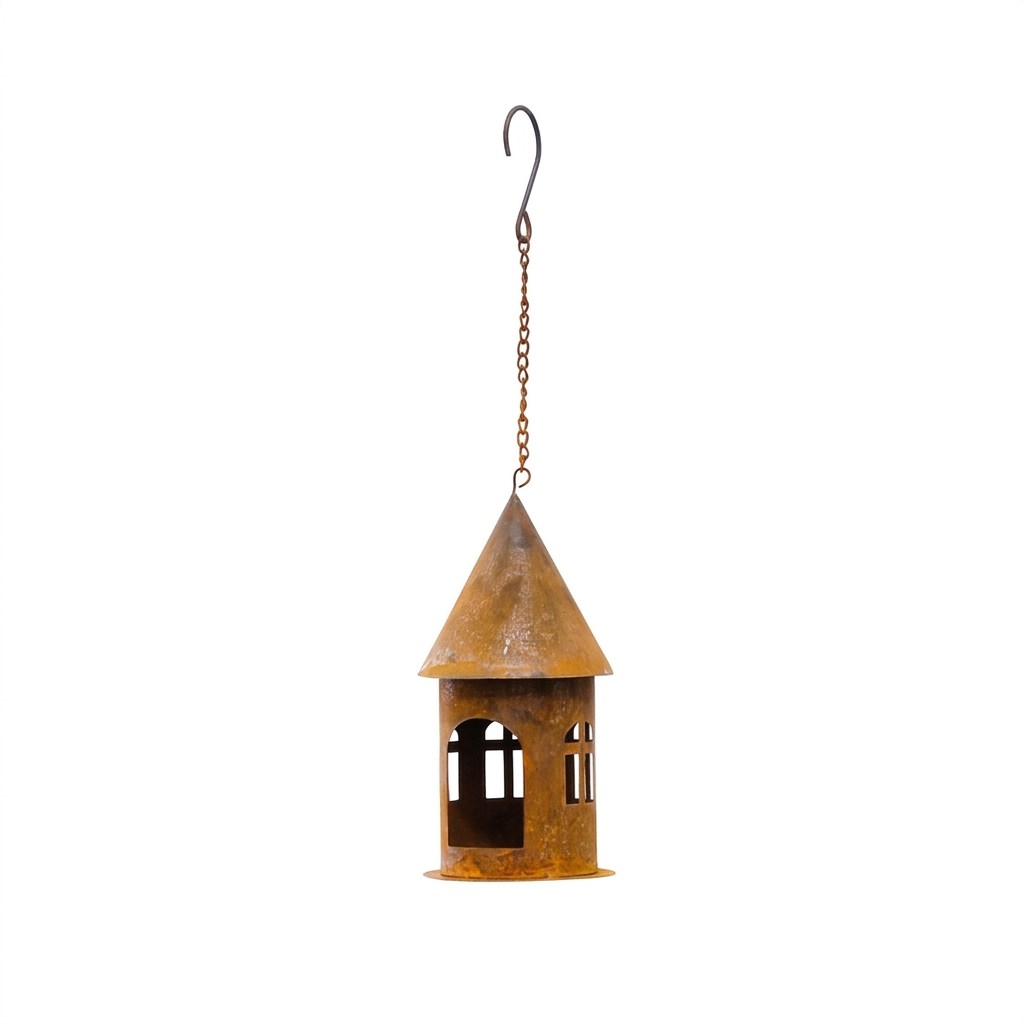 Rustic metal hanging house on white