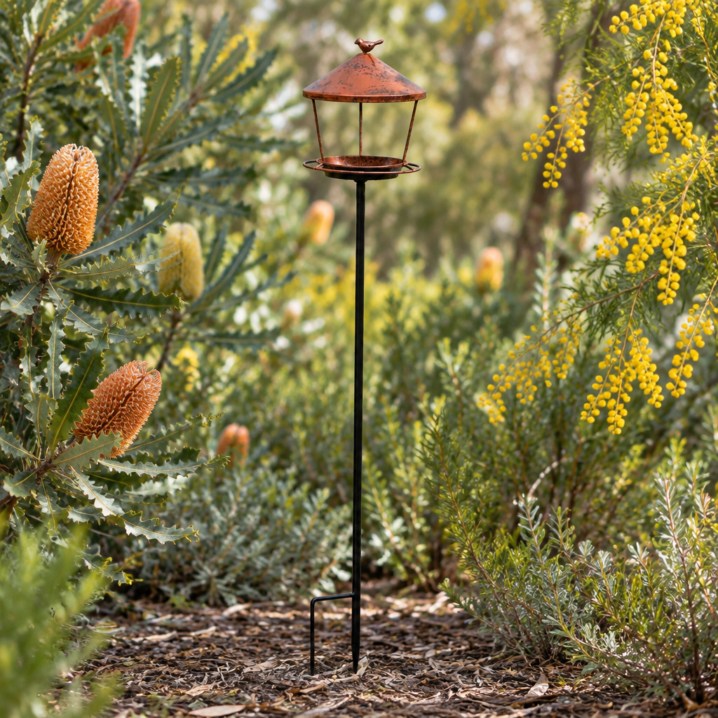 Rustic standing bird feeder in an Australian native garden