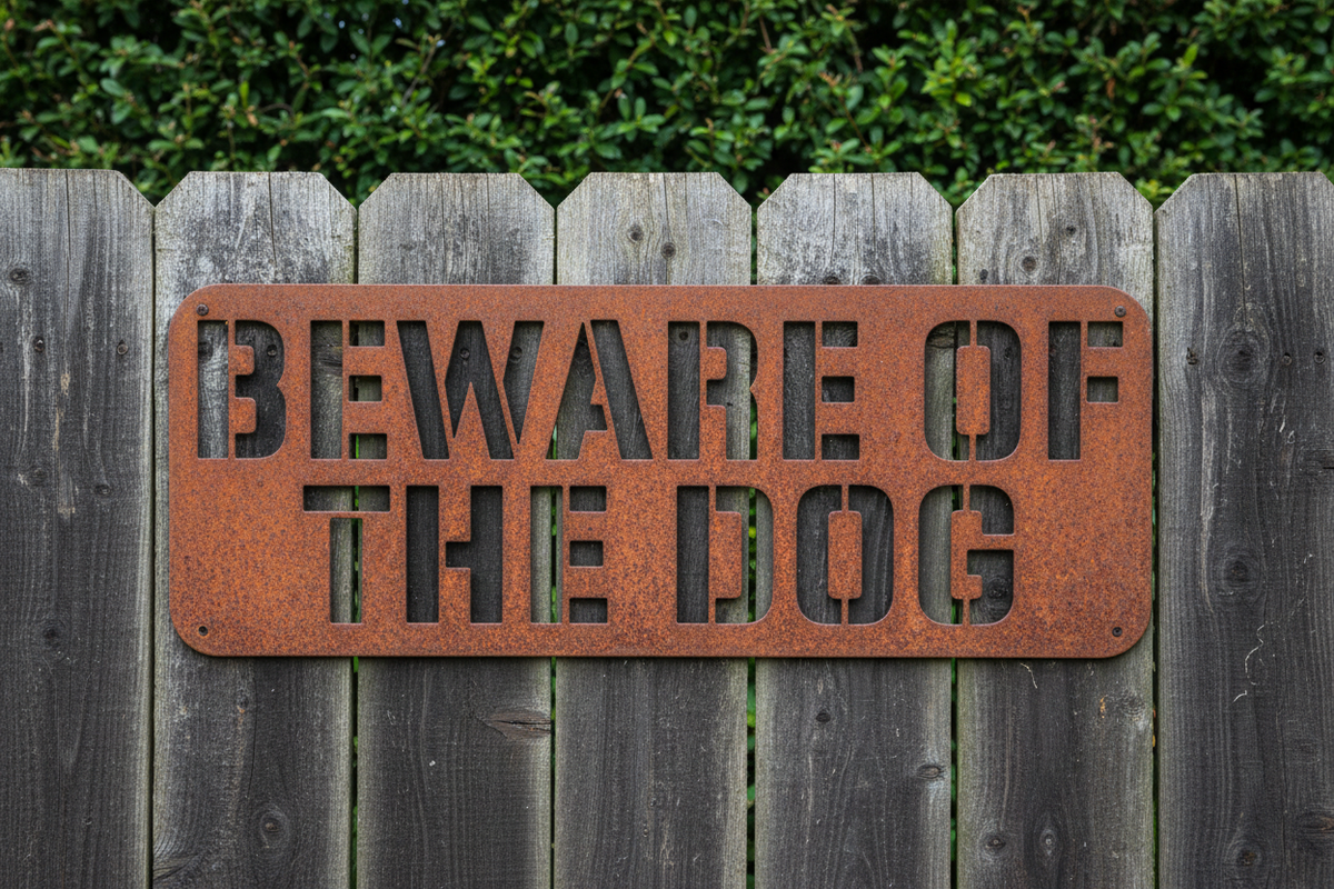Rusty Cor10 Beware Of The Dog sign on rural fence with cut-out wording