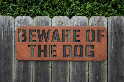 Rusty Cor10 Beware Of The Dog sign on rural fence with cut-out wording