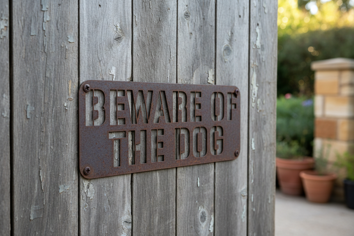 Rusty Cor10 Beware Of The Dog sign on timber driveway gate
