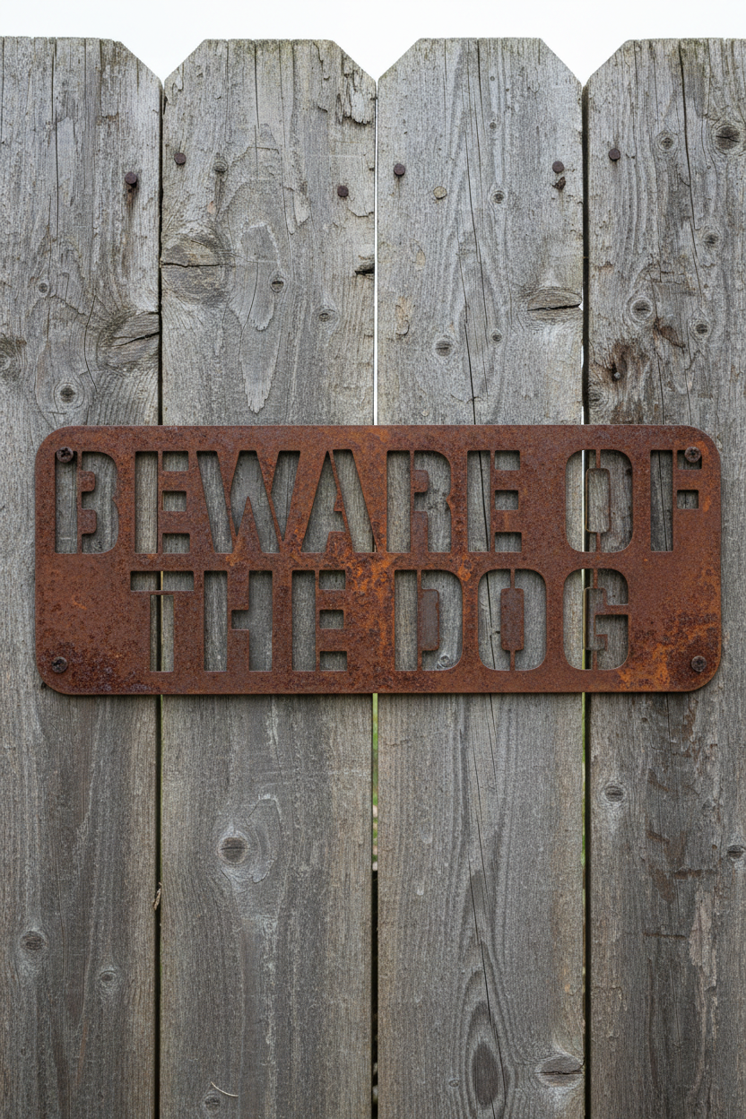 Rusty Cor10 Beware Of The Dog sign on timber gate with cut-out wording