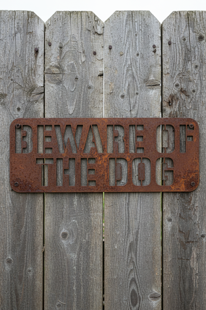 Rusty Cor10 Beware Of The Dog sign on timber gate with cut-out wording