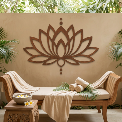 Rusty lotus wall art in a Bali-inspired massage spa
