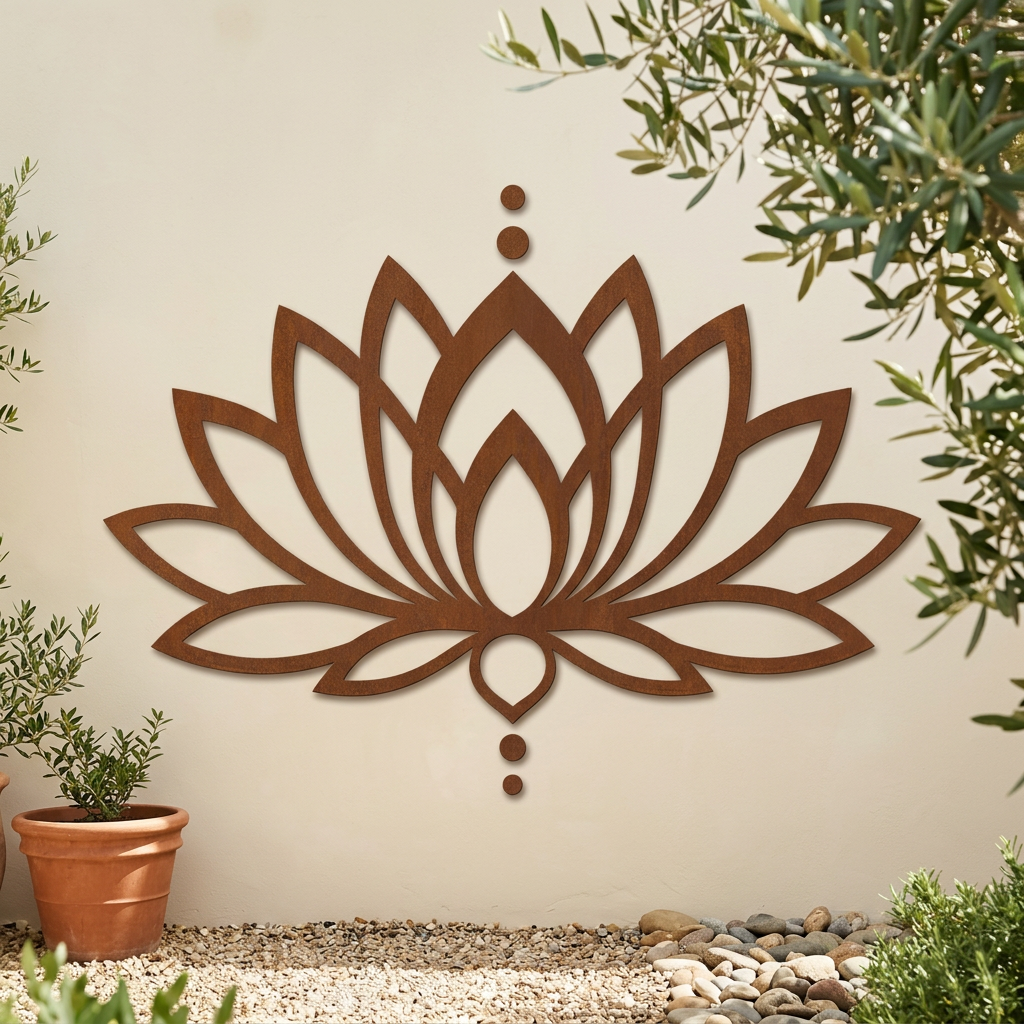 Rusty lotus wall art in a garden courtyard