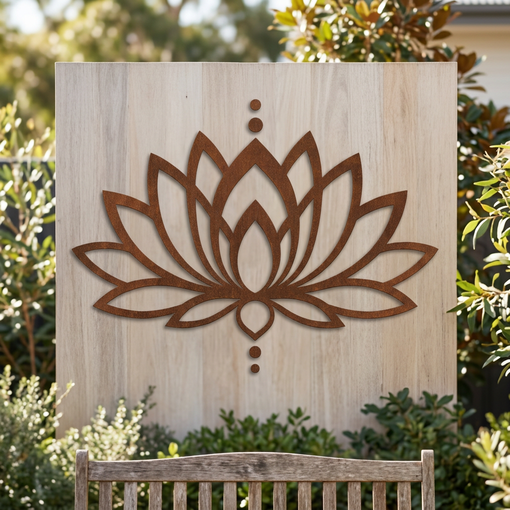 Rusty lotus wall art in an alfresco setting