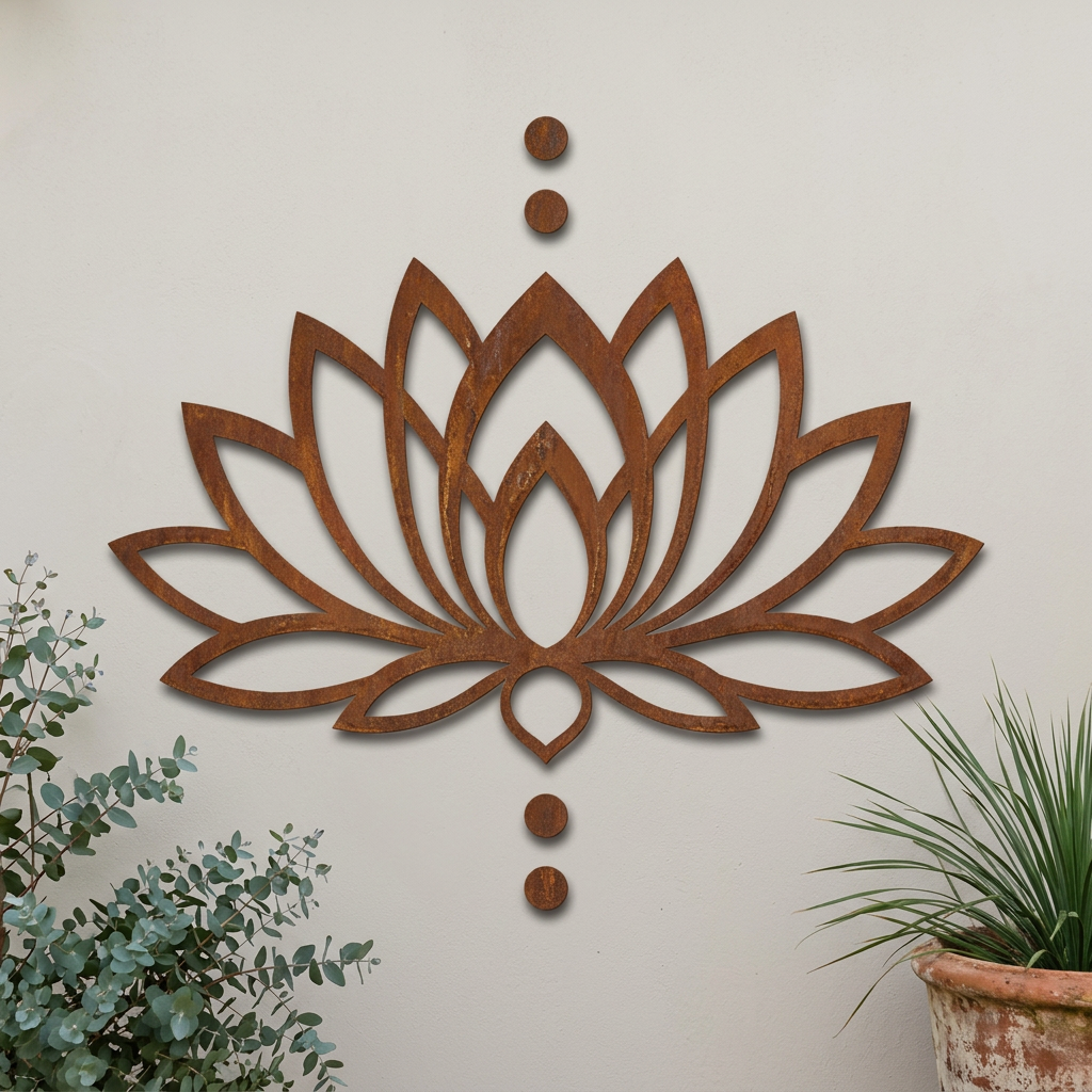 Rusty lotus wall art on a courtyard wall