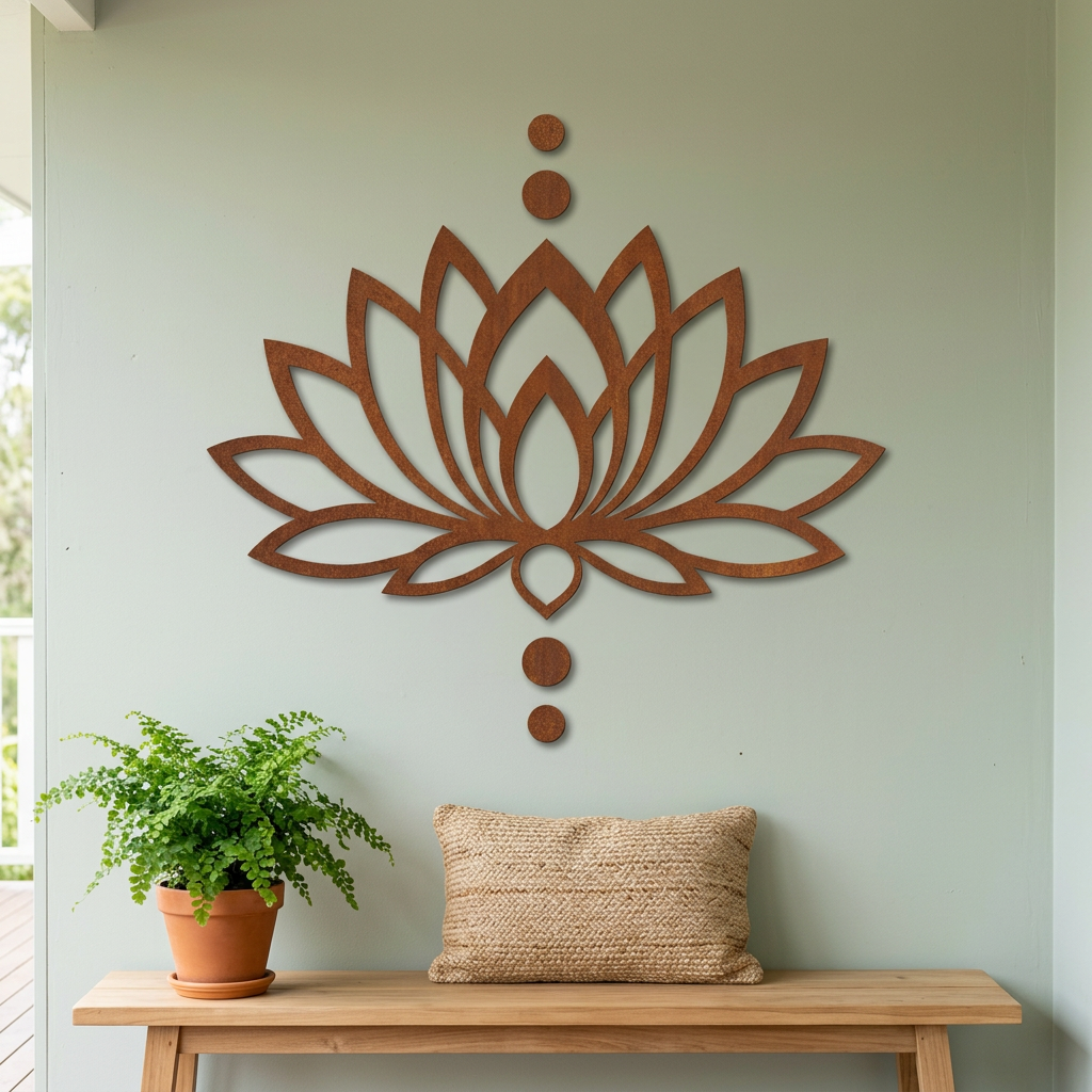 Rusty lotus wall art on a sheltered verandah
