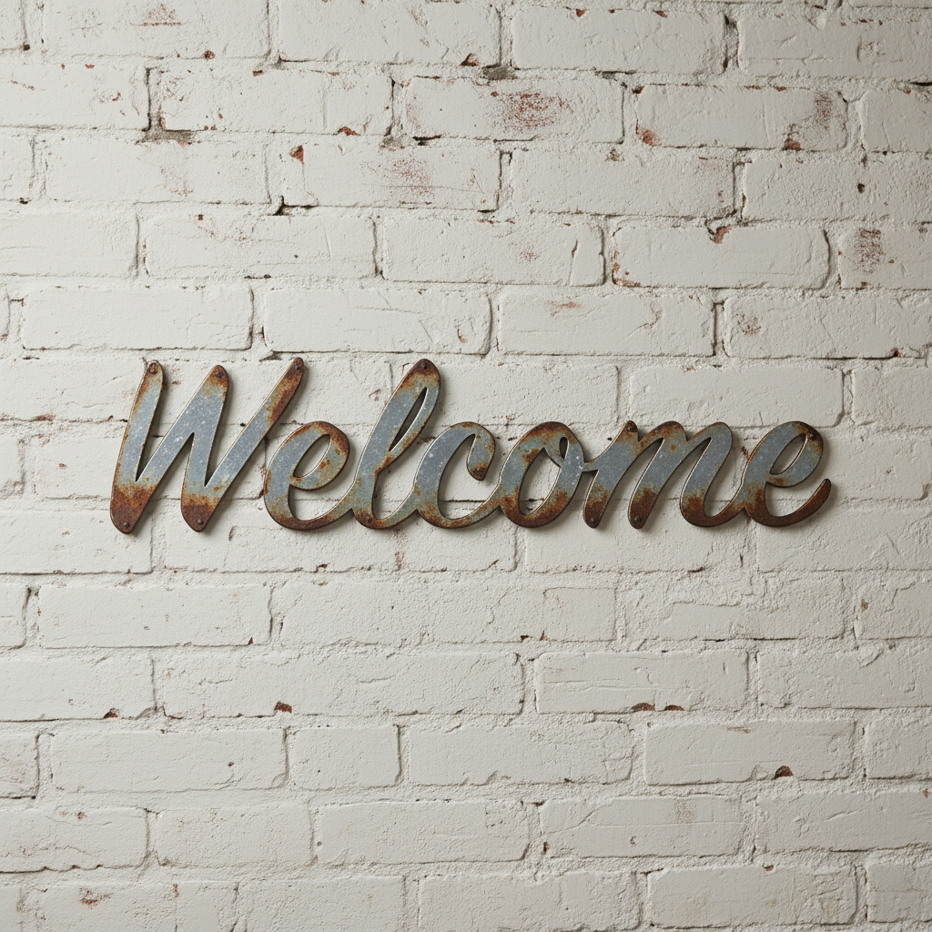 Rusty welcome sign on a wall