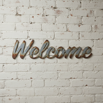 Rusty welcome sign on a wall