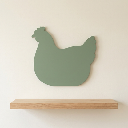 Sage nesting hen used as farmhouse kitchen wall art