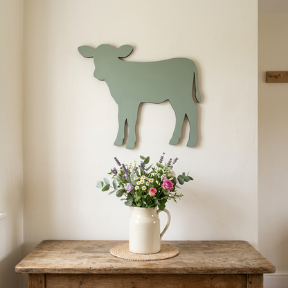 Sage-painted calf used as farmhouse wall decor