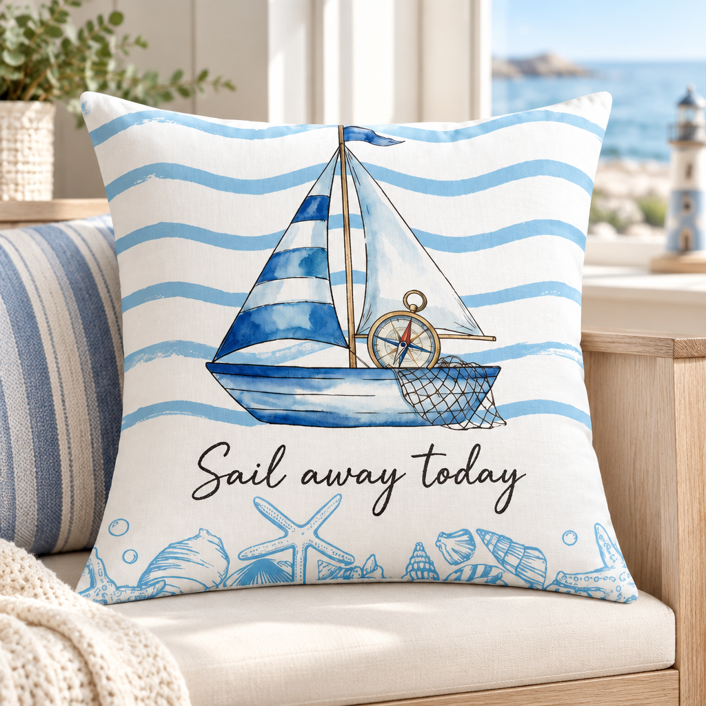 Sailboat cushion on a cottage reading bench