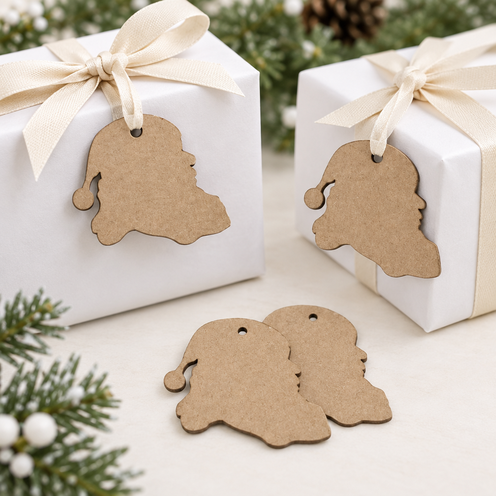 Santa MDF tags styled with modern Christmas gift wrapping