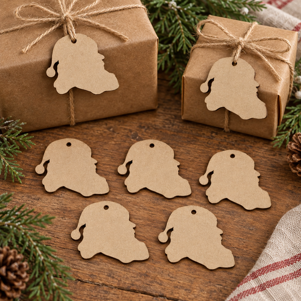 Santa MDF tags styled with rustic Christmas parcels