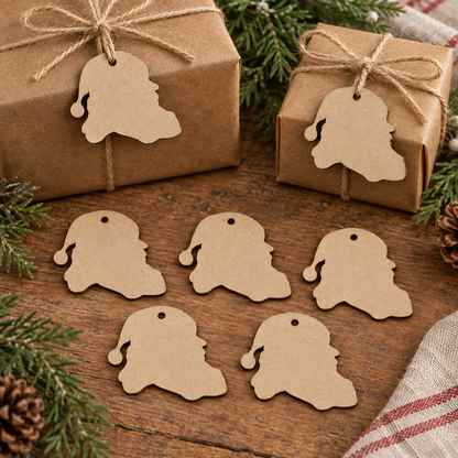 Santa MDF tags styled with rustic Christmas parcels