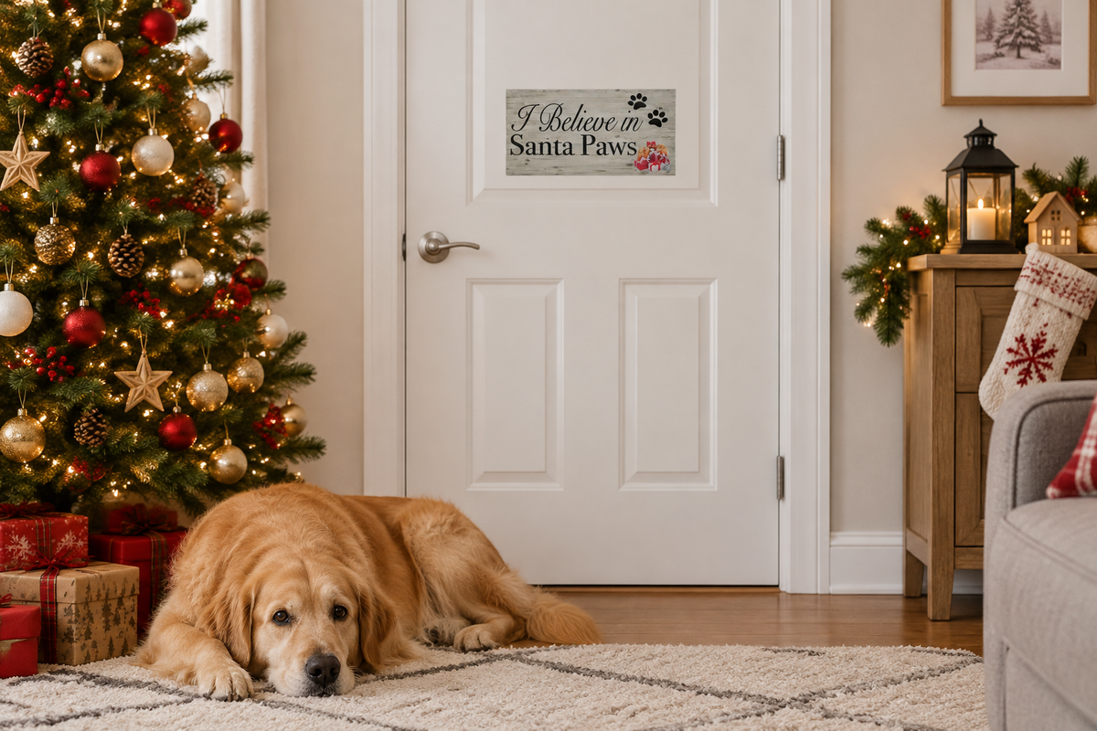 Santa Paws sign at a modest scale in a Christmas living room