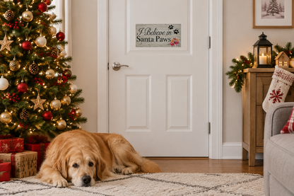 Santa Paws sign at a modest scale in a Christmas living room