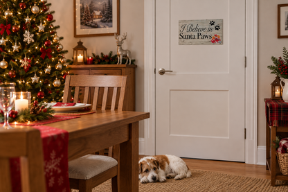 Santa Paws sign on a dining-room door with a dog nearby