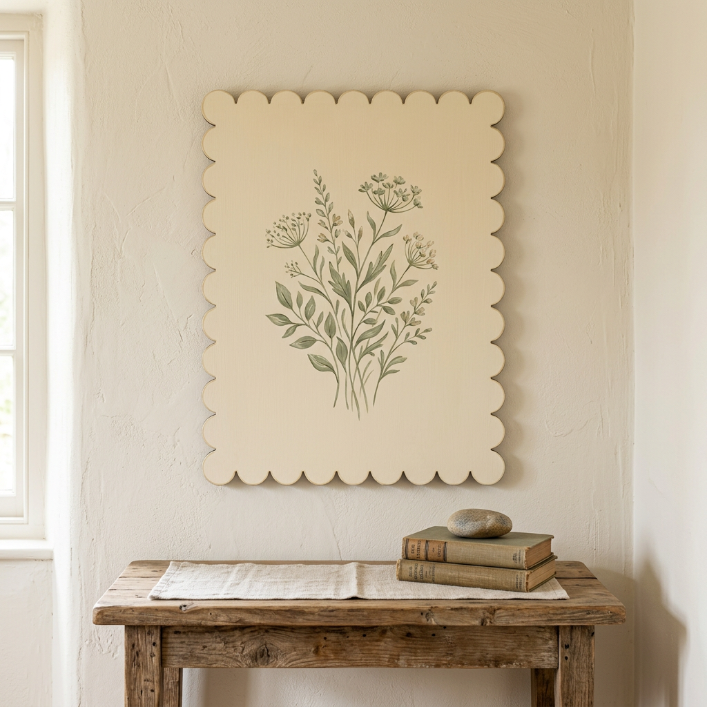 Scalloped MDF panel with botanical painting