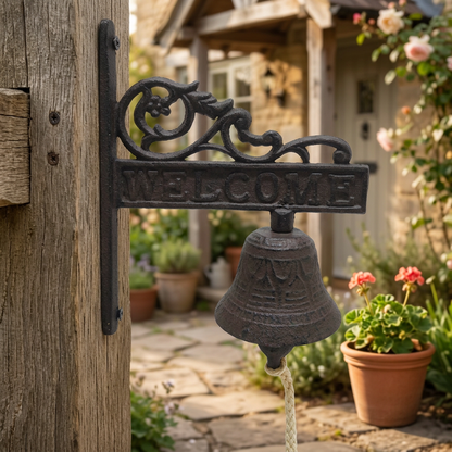 Scroll Welcome cast iron bell at a garden entrance