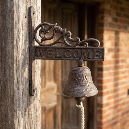 Scroll Welcome cast iron bell on a farmhouse verandah