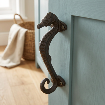 Seahorse handle on a seafoam cupboard