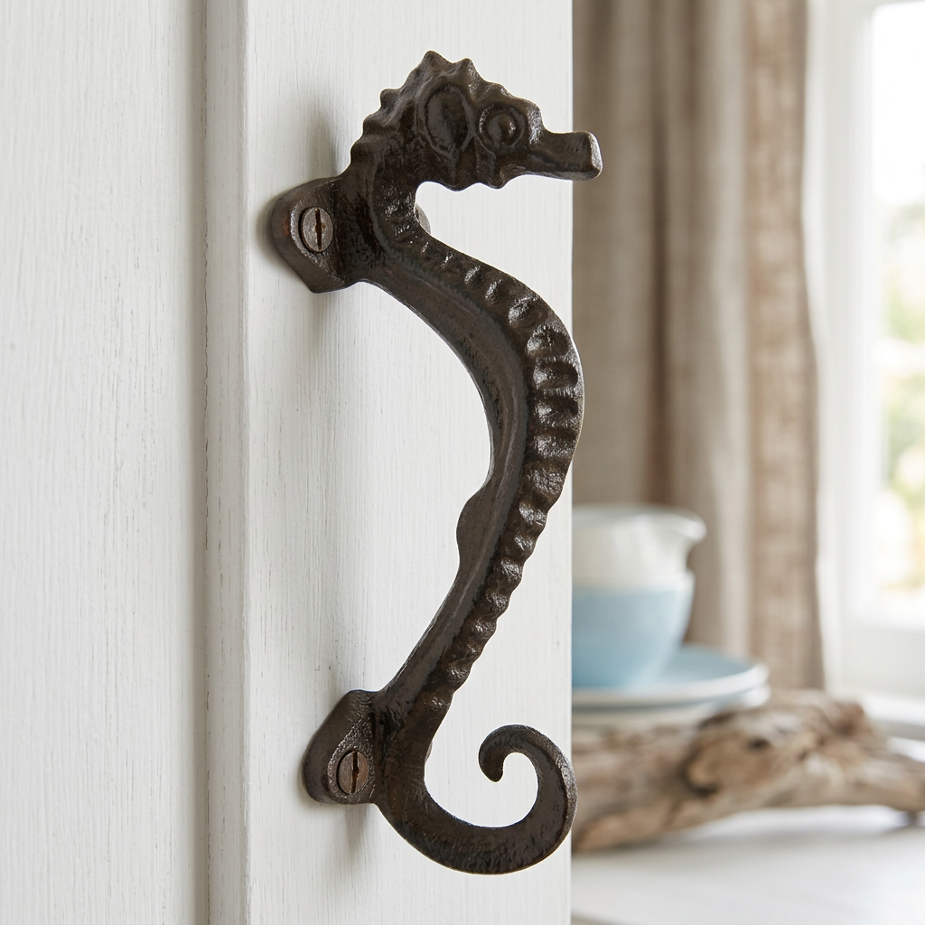 Seahorse handle on a white coastal cabinet