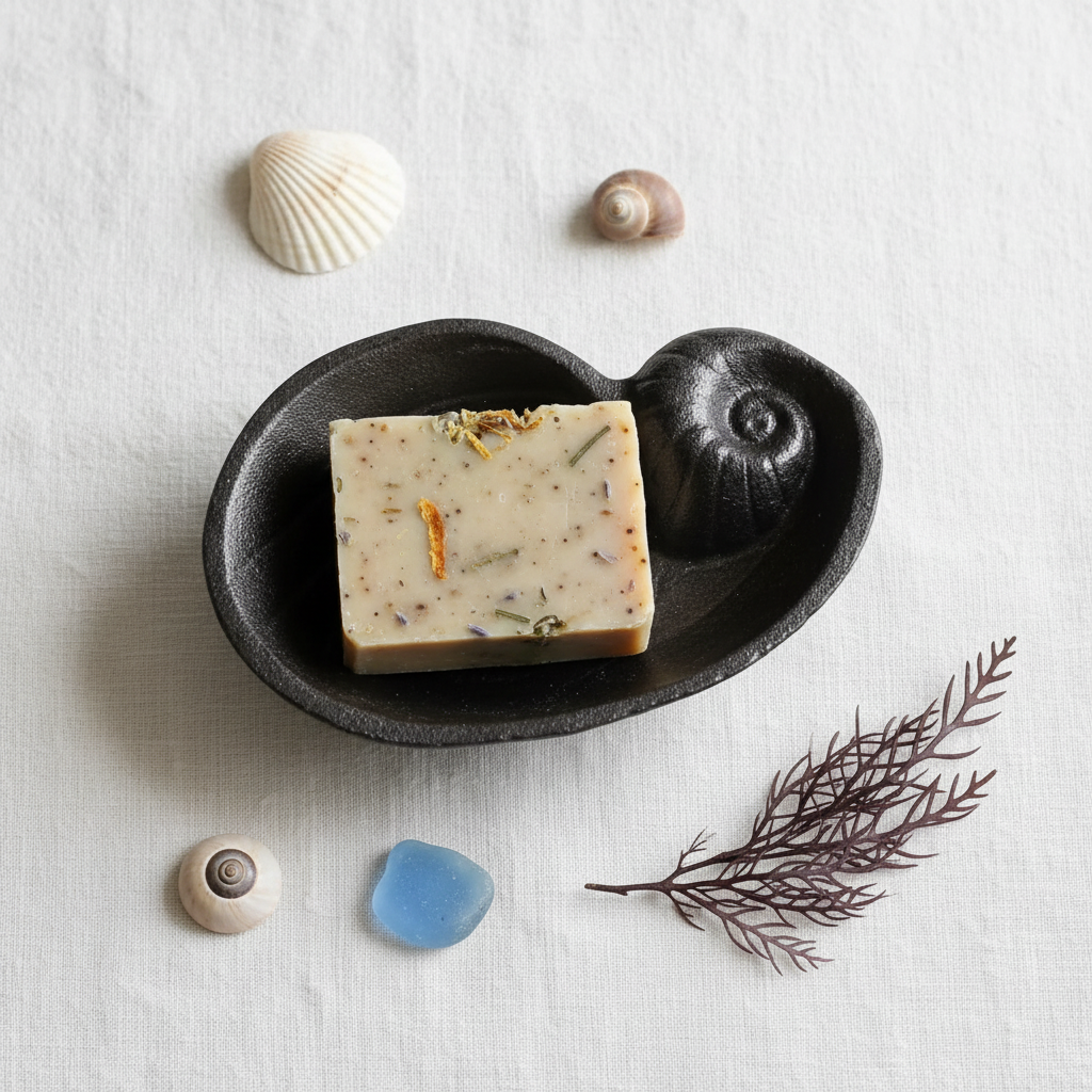 Seashell soap dish — coastal flat lay