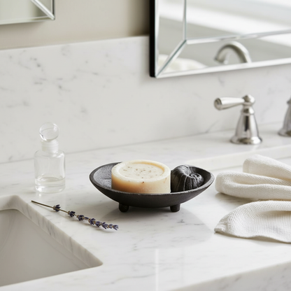 Seashell soap dish — white marble vanity lifestyle