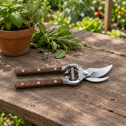 Secateurs lying on an outdoor table beside herbs