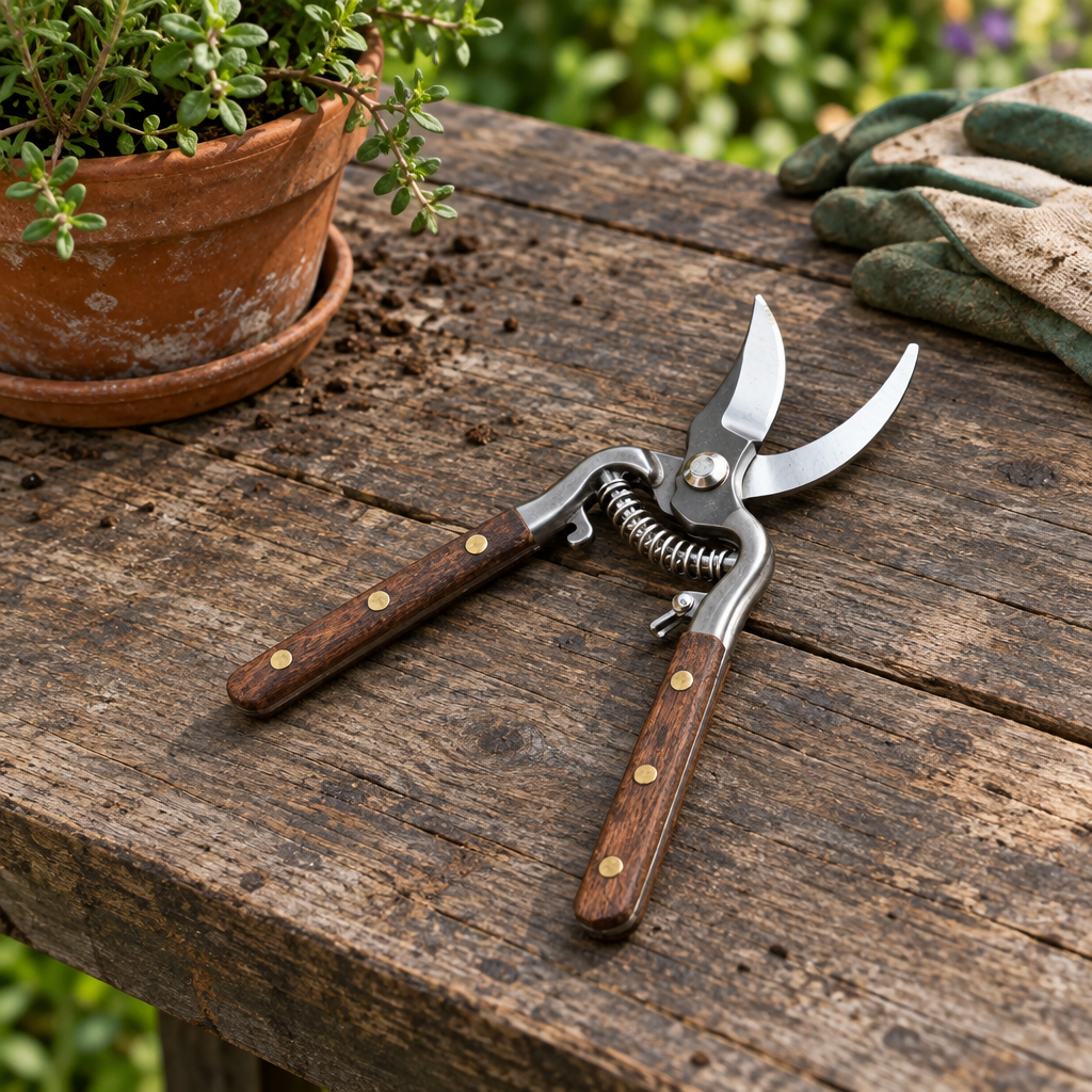 Secateurs resting flat on a timber potting table