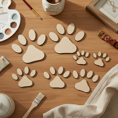 Set of 7 plain MDF paw prints on a craft table