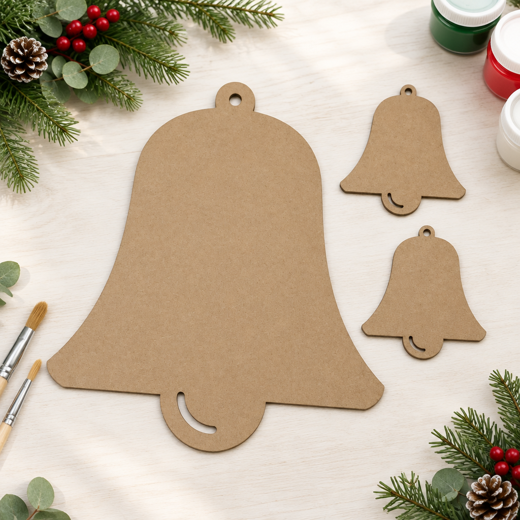 Set of three MDF bells in a modern Christmas craft scene