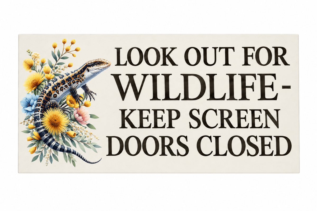 Sign with blue-tongue lizard design, no scroll