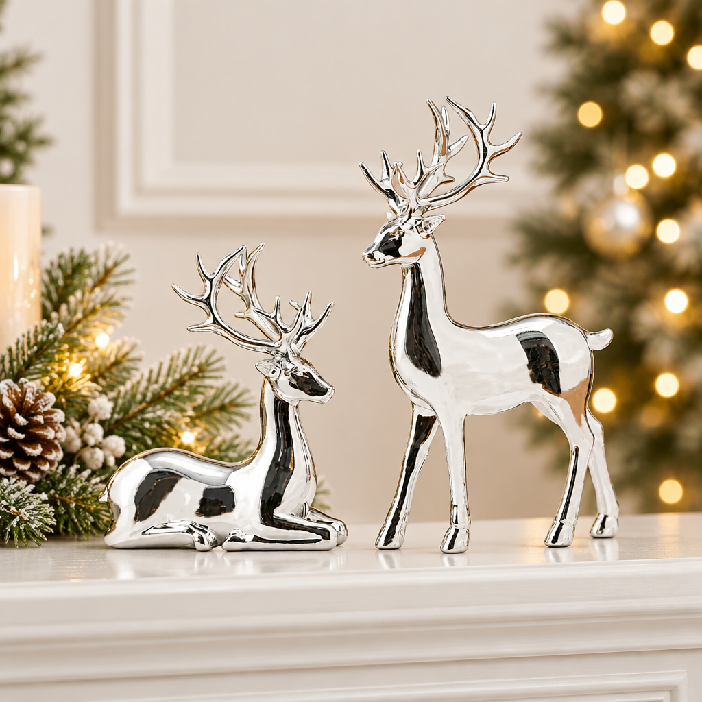 Silver reindeer pair on a festive mantel
